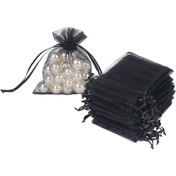 HRX Package Black Organza Bags 3x4 inch 100pcs, Mesh Candy Bags Jewelry Gift Pouches Drawstring Empty Sachet for Halloween Present Giveaways