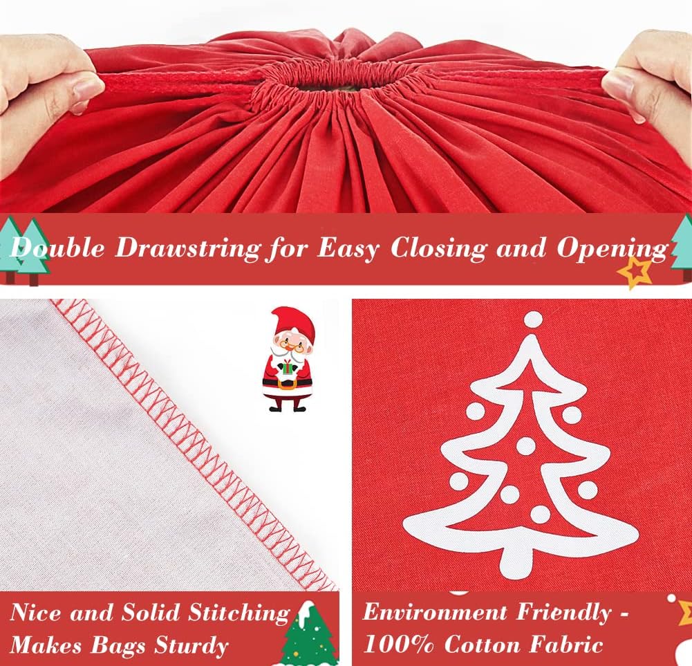 HRX Package Large Cotton Christmas Bag, 32x28 inch Fabric Drawstring Santa Sack, Reusable Cloth Wrapping Bag with Gift Tag for Xmas Presents