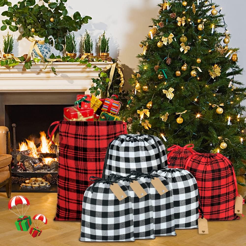 HRX Package Fabric Gift Bags Drawstring Assorted, 9pcs Reusable Christmas Wrapping Sacks Buffalo Plaid Cloth Bag with Gift Tag for Xmas Presents
