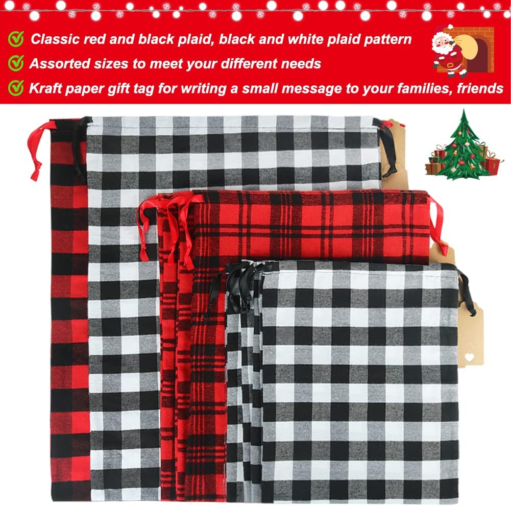 HRX Package Fabric Gift Bags Drawstring Assorted, 9pcs Reusable Christmas Wrapping Sacks Buffalo Plaid Cloth Bag with Gift Tag for Xmas Presents