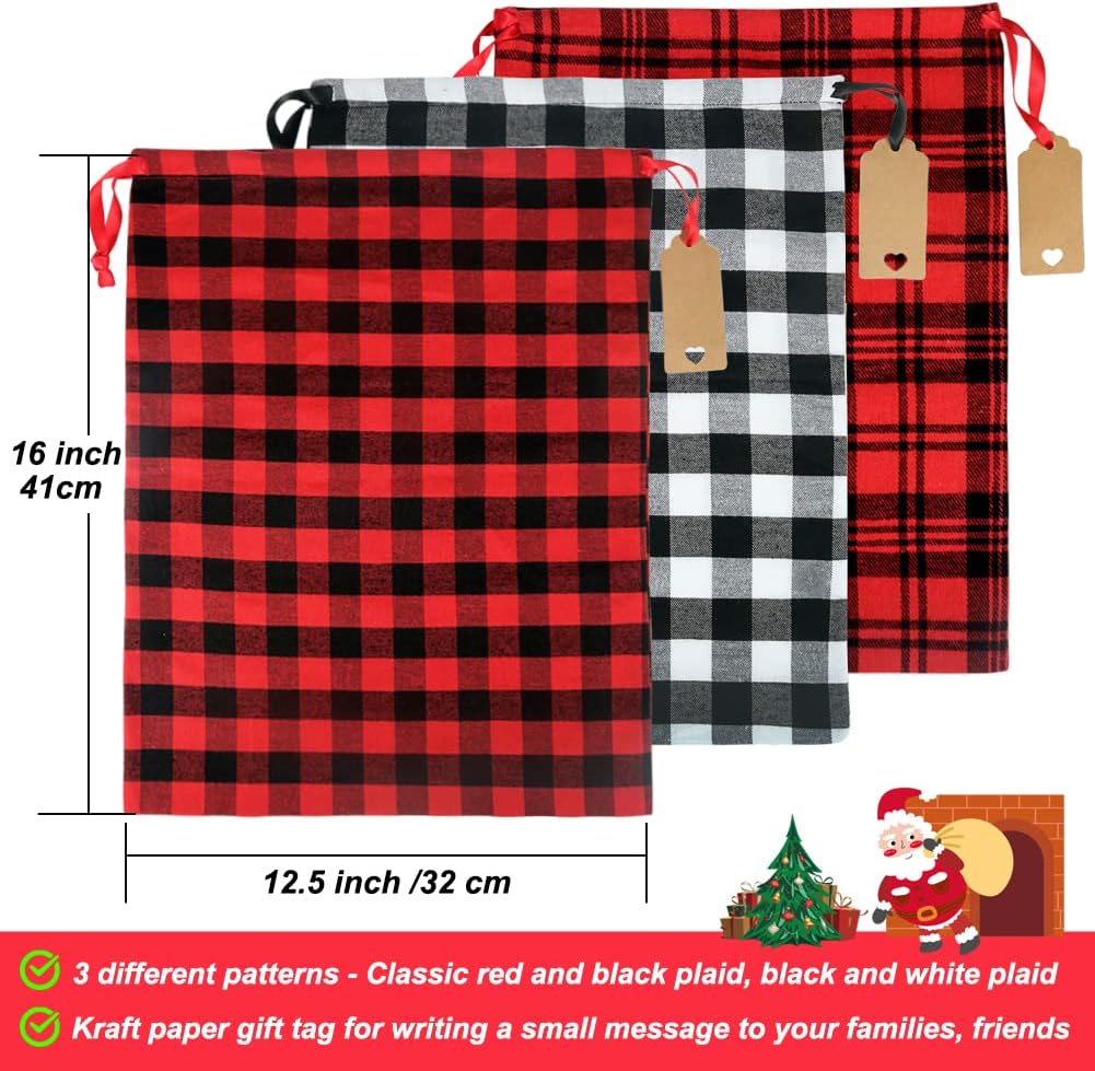 HRX Package Large Cloth Christmas Gift Bags, 4pcs Reusable Fabric Drawstring Wrapping Bags Holiday Santa Sack with Gift Tag for Xmas Presents