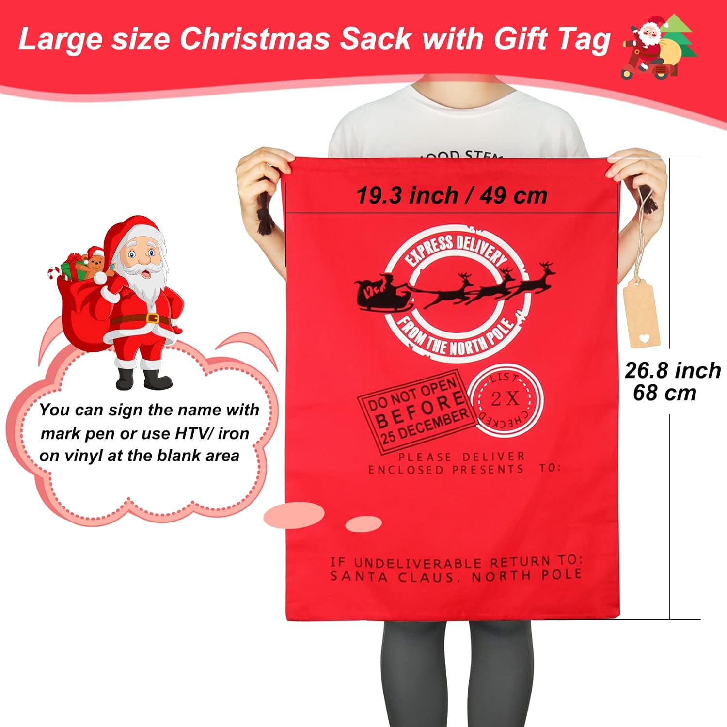 HRX Package Large Cloth Christmas Gift Bags, 4pcs Reusable Fabric Drawstring Wrapping Bags Holiday Santa Sack with Gift Tag for Xmas Presents