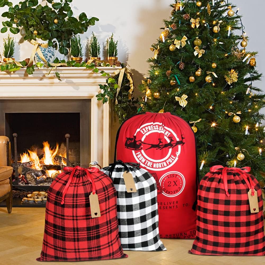 HRX Package Large Cloth Christmas Gift Bags, 4pcs Reusable Fabric Drawstring Wrapping Bags Holiday Santa Sack with Gift Tag for Xmas Presents