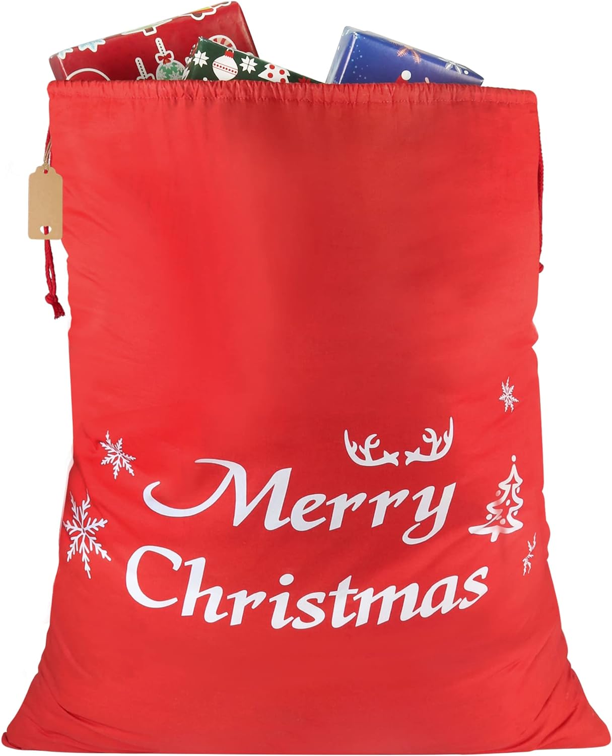 HRX Package Large Cotton Christmas Bag, 32x28 inch Fabric Drawstring Santa Sack, Reusable Cloth Wrapping Bag with Gift Tag for Xmas Presents