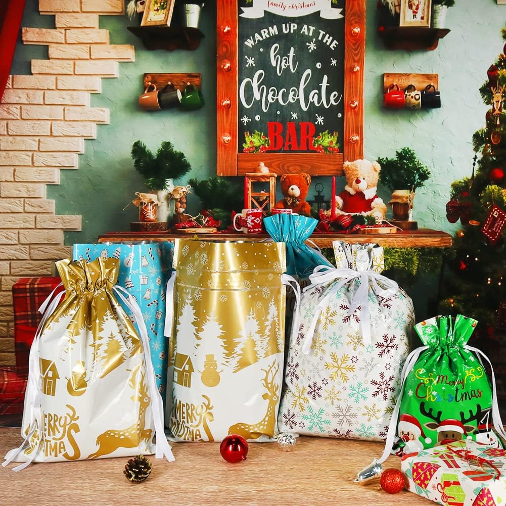 HRX Package Holiday Drawstring Gift Bags with Tags, 30pcs Christmas Foil Gift Wrapping Sacks Pouches for Xmas Presents Party Favor