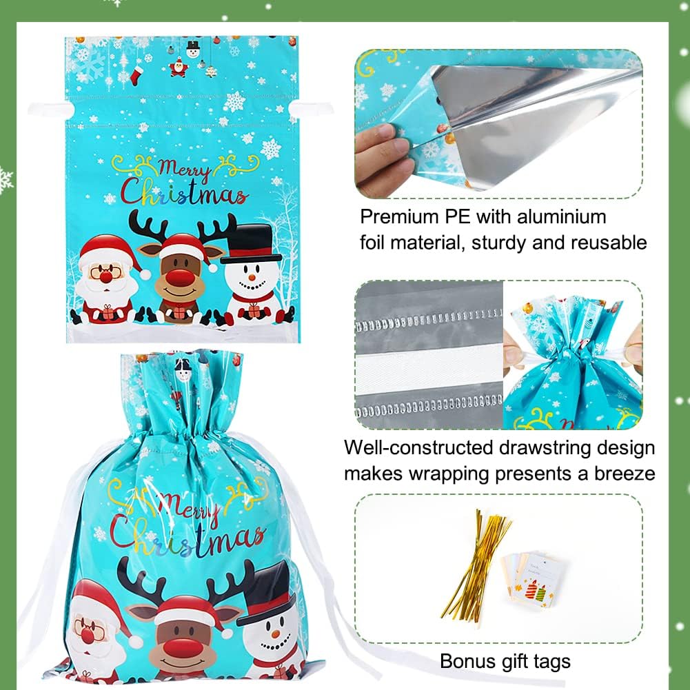 HRX Package Holiday Gift Wrapping Bags Drawstring, 15pcs Christmas Foil Sacks Pouches with Gift Tag for Xmas Presents Party Favor
