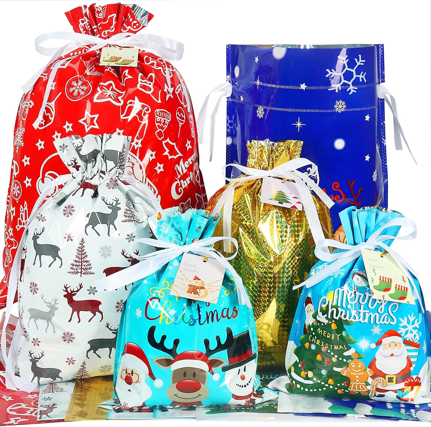 HRX Package Holiday Gift Wrapping Bags Drawstring, 15pcs Christmas Foil Sacks Pouches with Gift Tag for Xmas Presents Party Favor